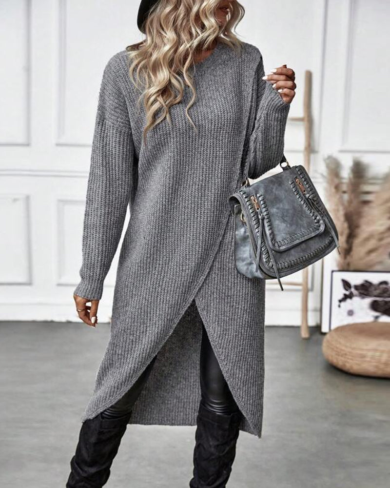 Women's Ribbed Sweater Dress Long Sleeve Knee-Length