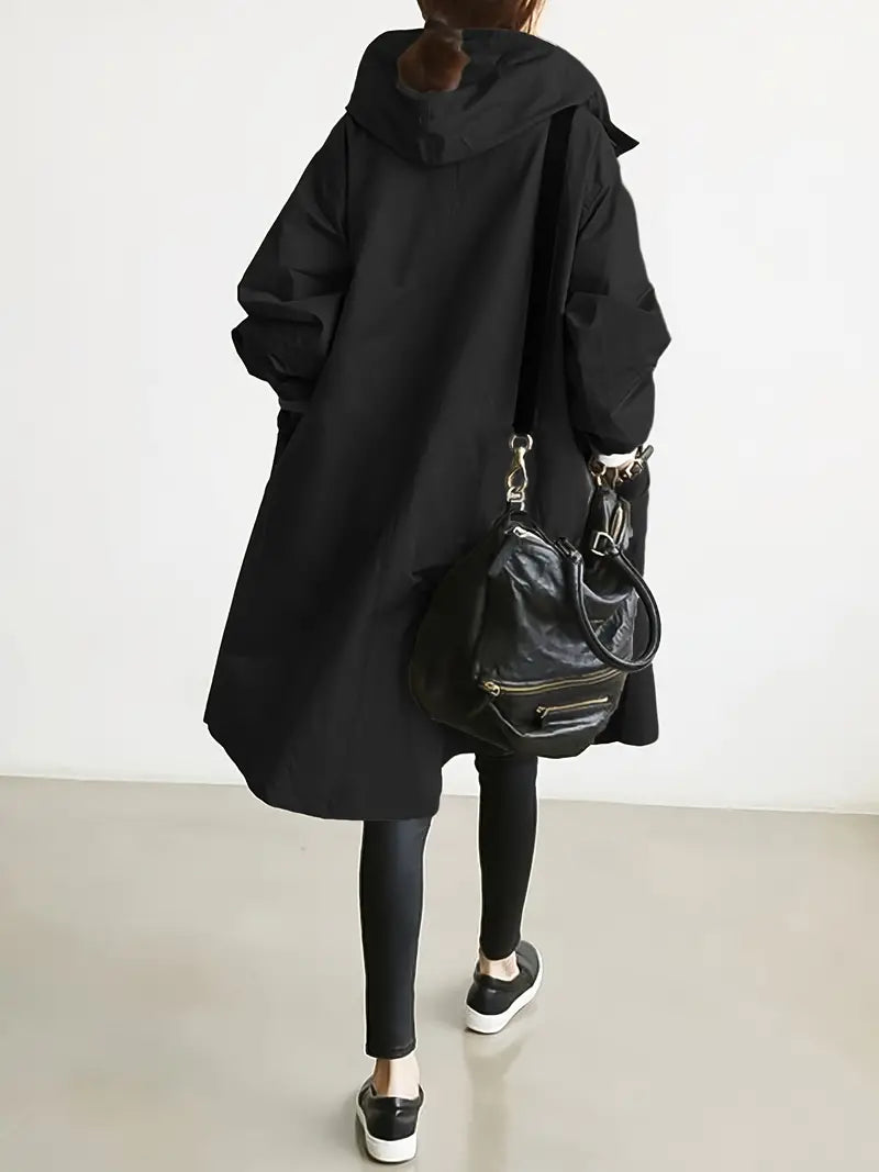 Women's Hooded Trench Coat with Drawstring Waist Tie