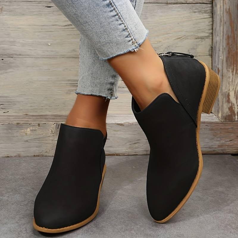 Women's Ankle Boots with Stacked Heel and Side Zipper