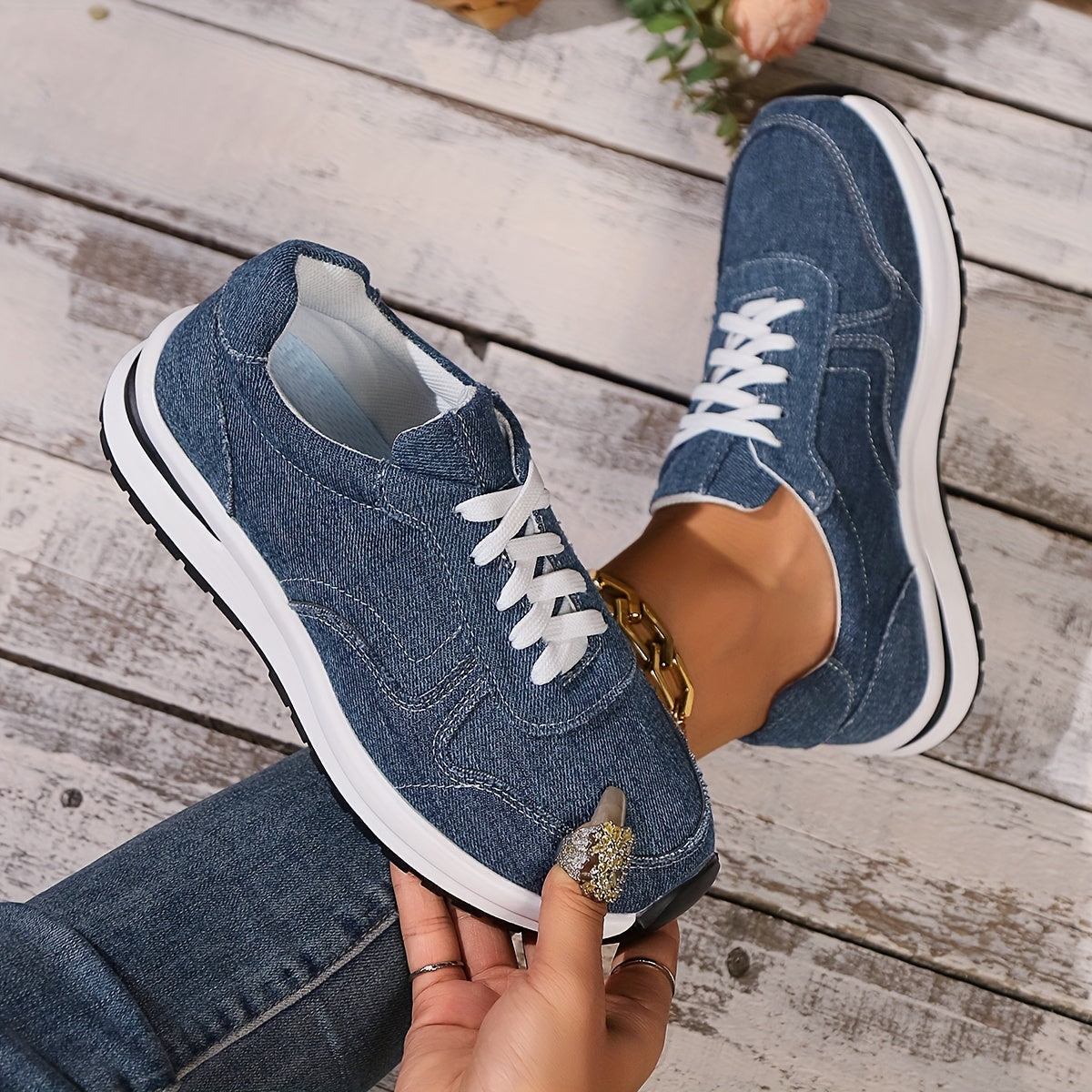 Women's Orthopedic Sneakers with Denim Fabric and Cushioned Sole