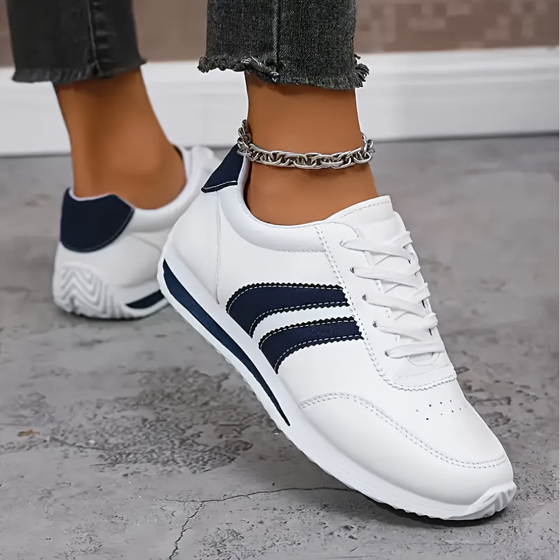 Women's White Striped Lace-Up Sneakers, Round Toe