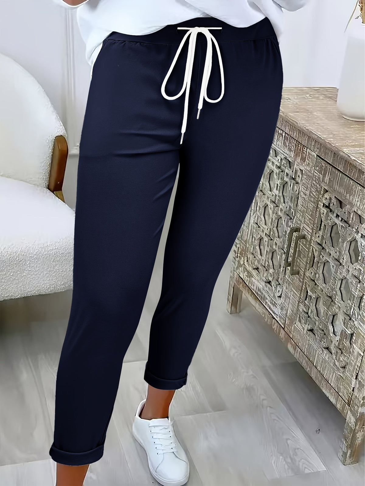Women's Drawstring Relaxed Tapered Pants with Side Stripe