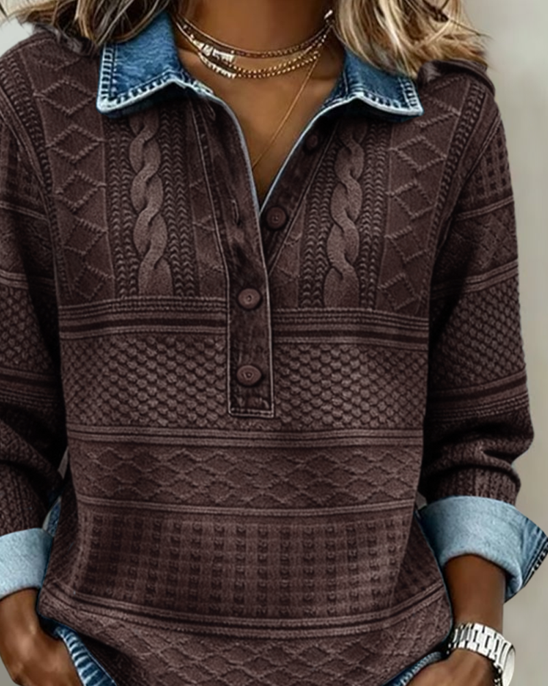 Women's Textured Collared Sweatshirt, Half Button, Long Sleeves