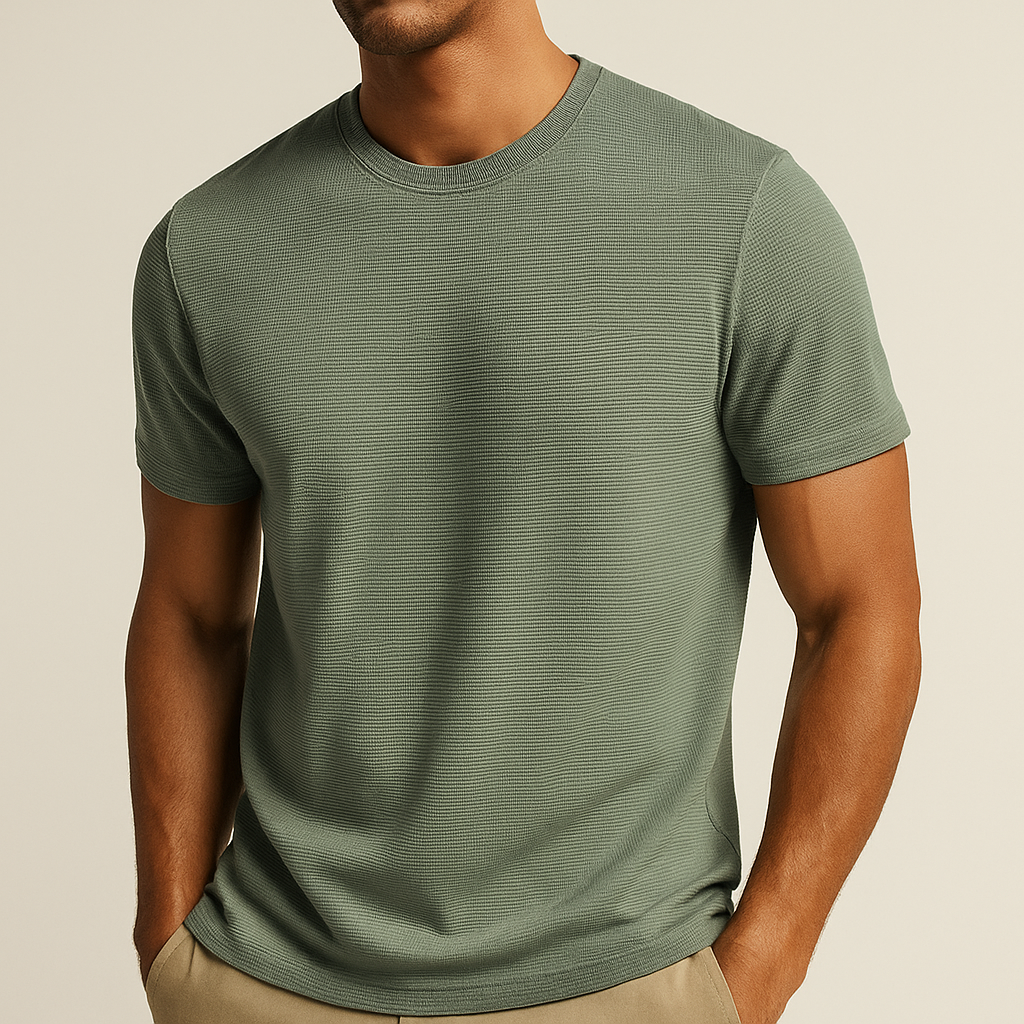 Montarello Men's Waffle-Knit Crew Neck Relaxed Fit Short-Sleeve T-Shirt