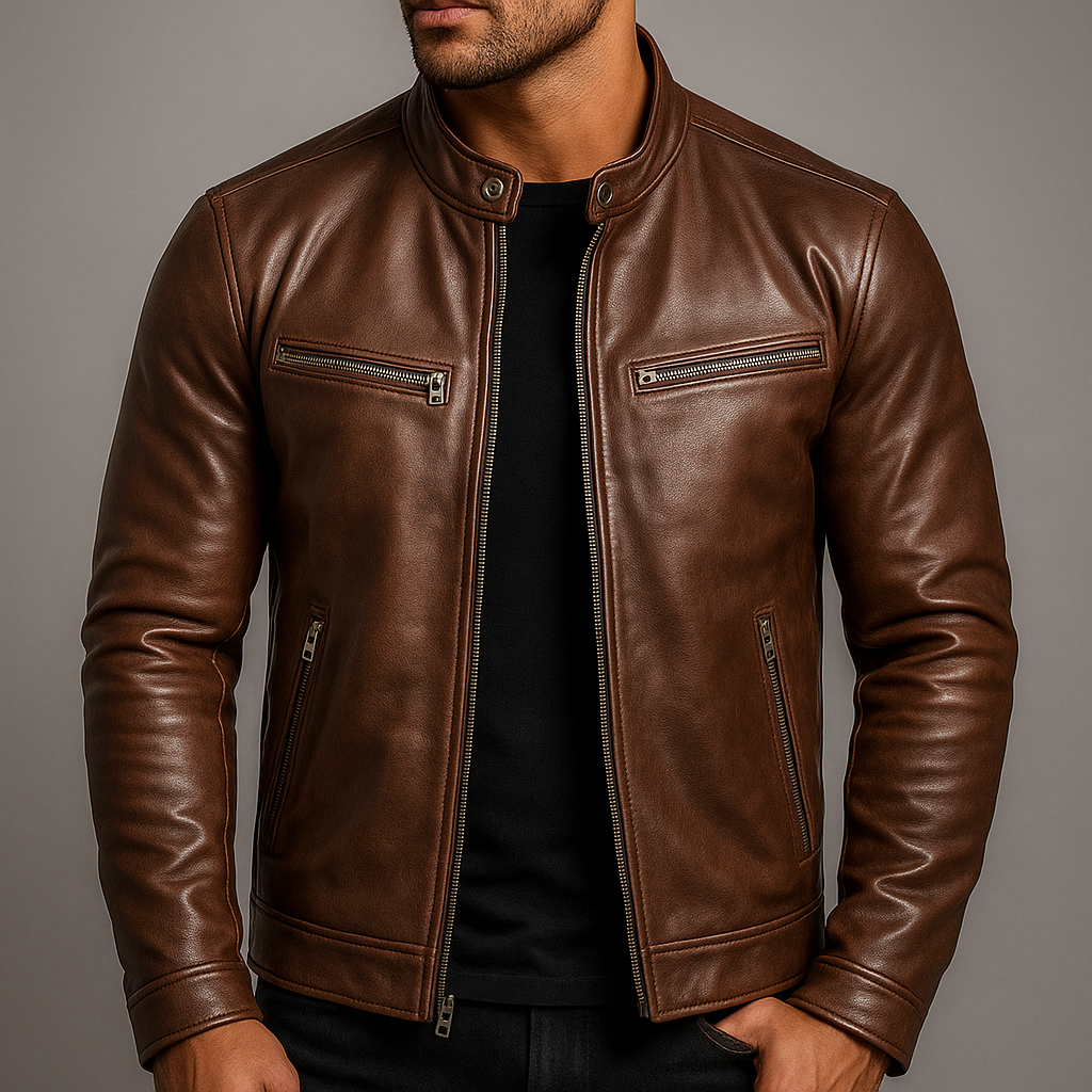Men's Leather Jacket, Biker Style, Zip Front, Long Sleeves