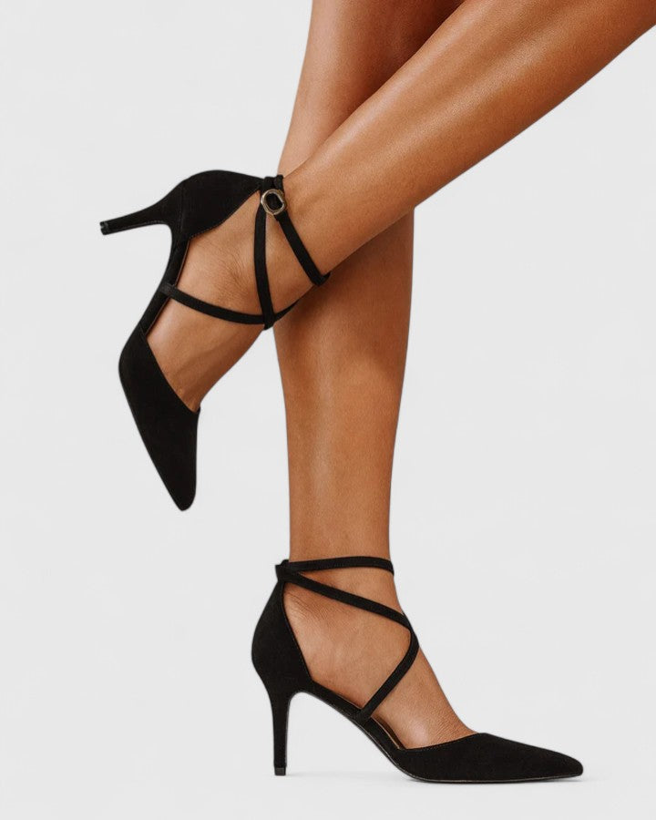 Women's Pointed Toe Heels with Ankle Strap and Lace Detail