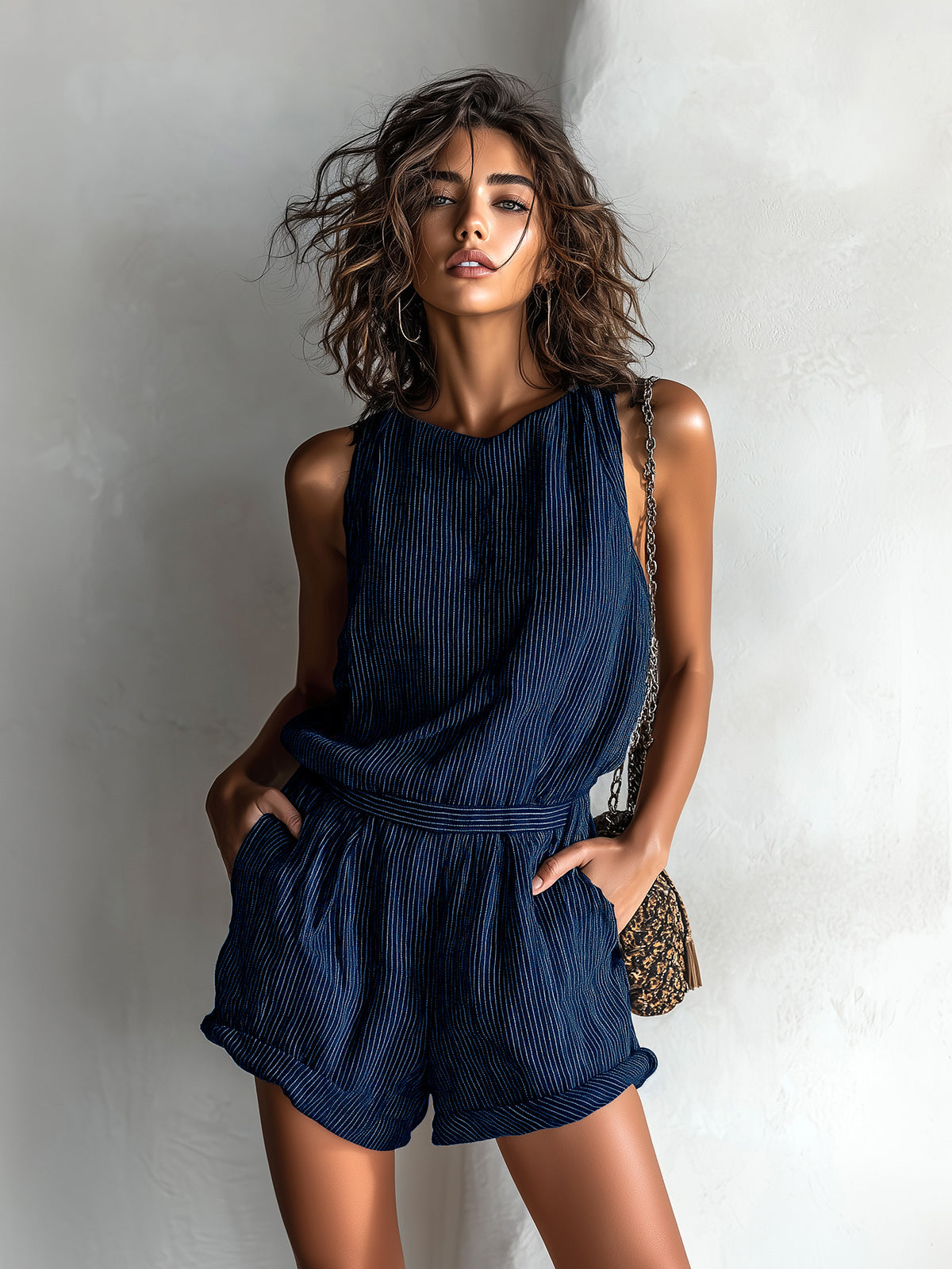Ora - Chic Casual Black Stripe Romper