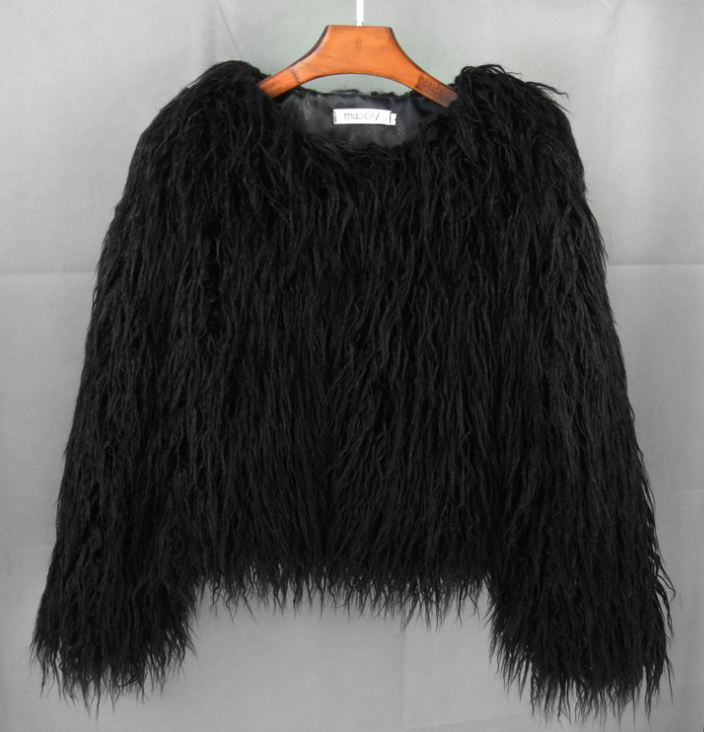 Women's Shaggy Faux Fur Jacket Round Neck Long Sleeve