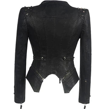 Women's Black Studded Moto Jacket, Fitted, Long Sleeves
