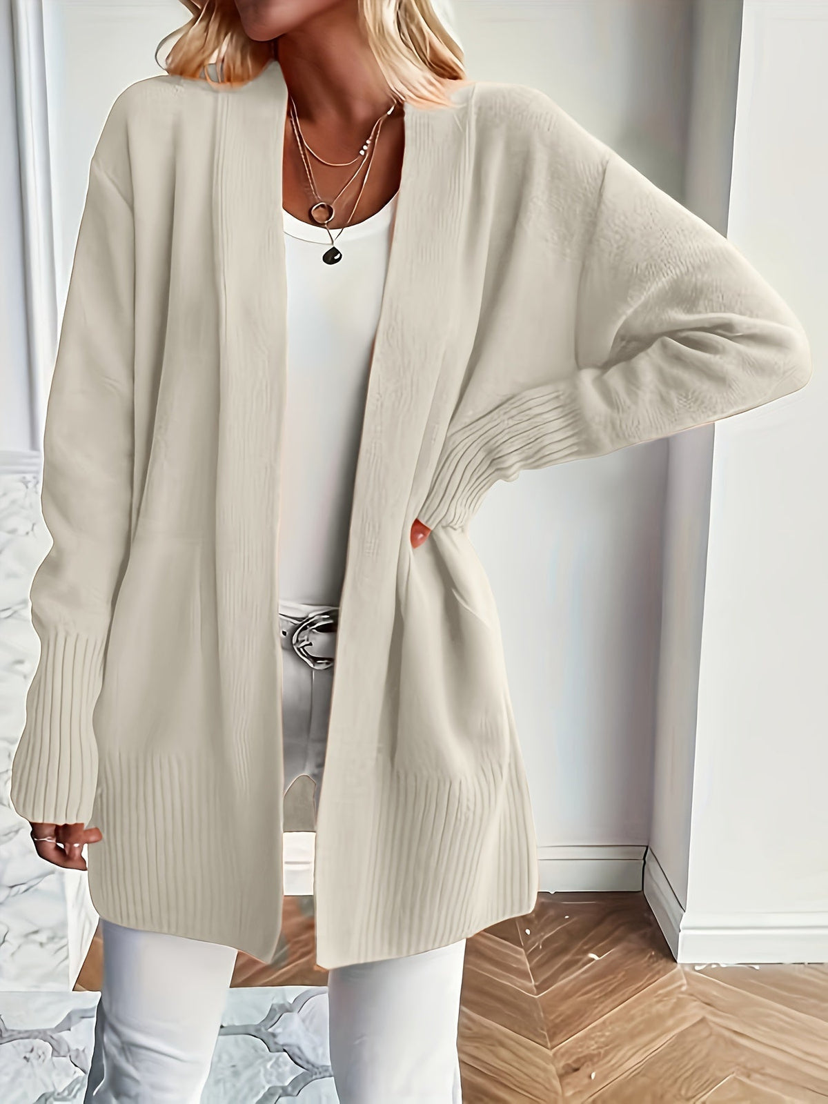 Women's Open Front Ribbed Cardigan with Long Sleeves