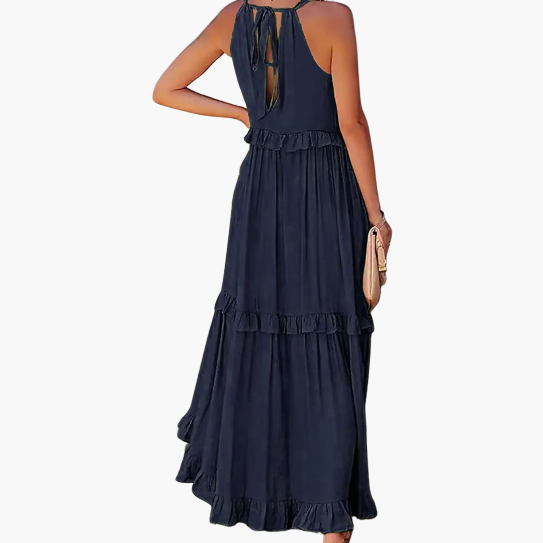 Women’s Maxi Dress with Cascading Ruffle Tiers and Adjustable Straps