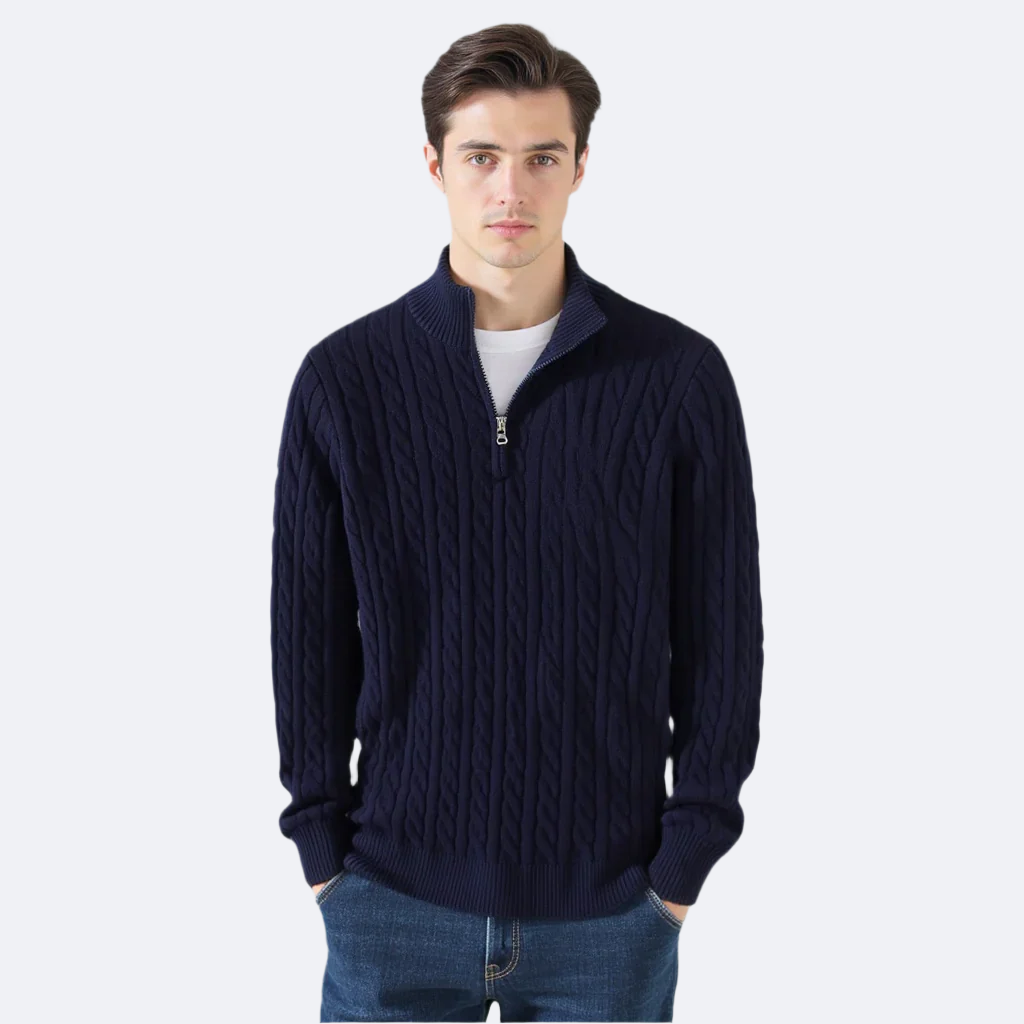 Unisex Cable Knit Sweater, Quarter Zip, Ribbed Collar