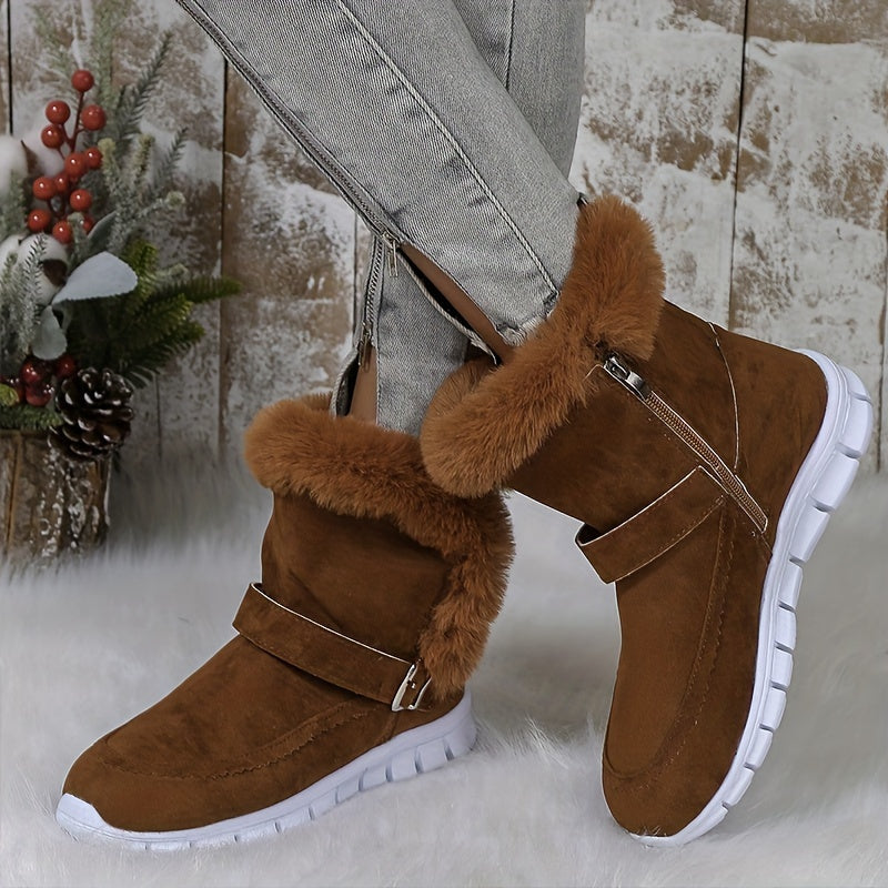 Women's Faux-Fur Trim Ankle Boots with Buckle Detail