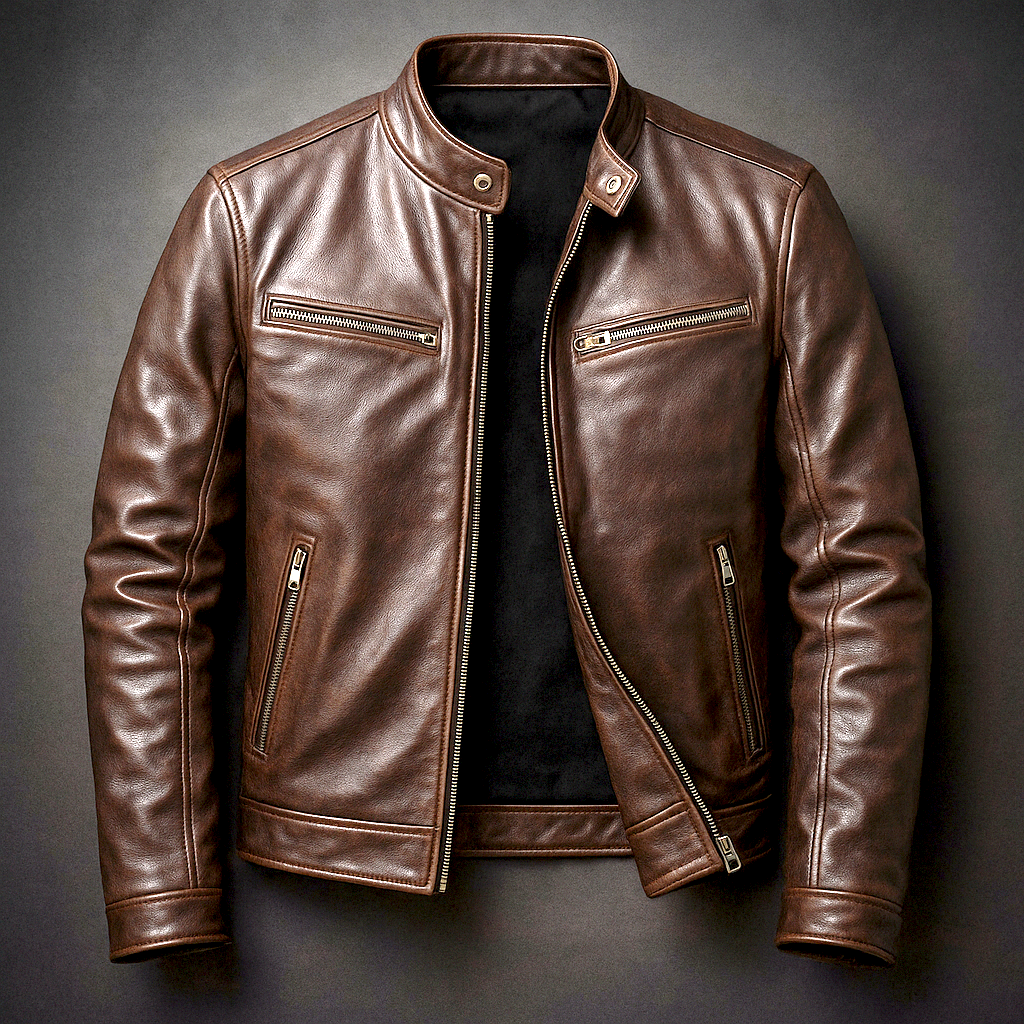 Men's Leather Jacket, Biker Style, Zip Front, Long Sleeves