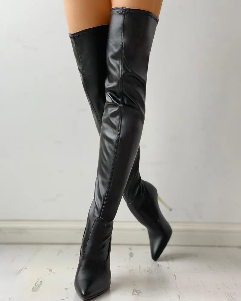 Women's Leather Knee-High Boots with Zip and Slim Heels