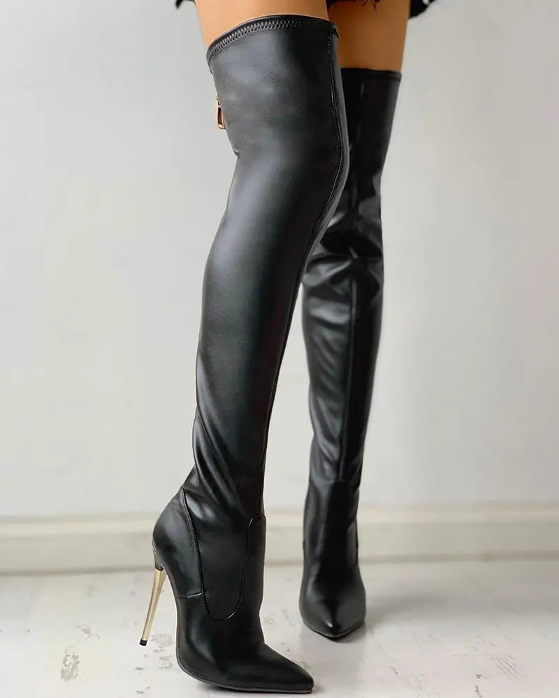 Women's Leather Knee-High Boots with Zip and Slim Heels