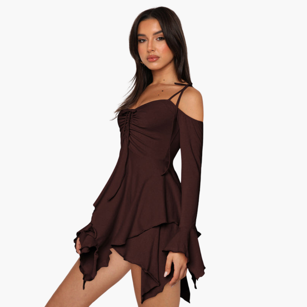 Women’s Mini Dress with Off-the-Shoulder Neckline and Layered Design