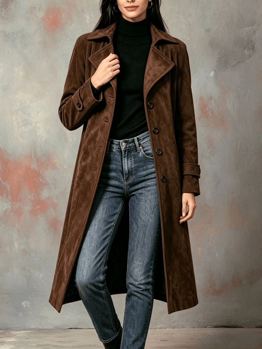 Women's Longline Button-Front Coat with Wide Lapel