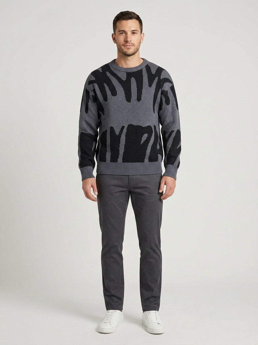 Men's Abstract Pattern Knit Sweater, Crew Neck, Long Sleeves