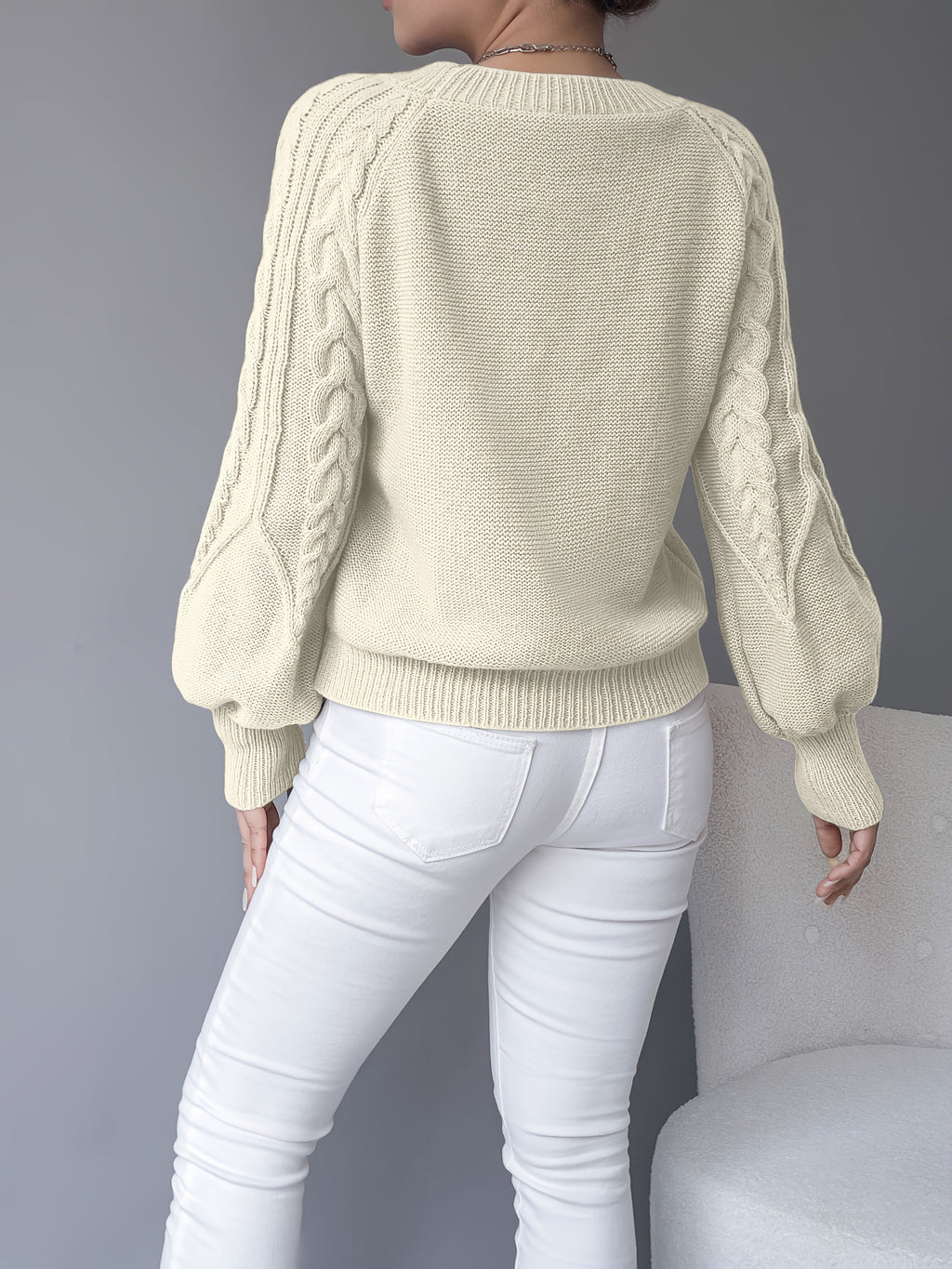 Women's Cable-Knit Sweater with Lantern Sleeves