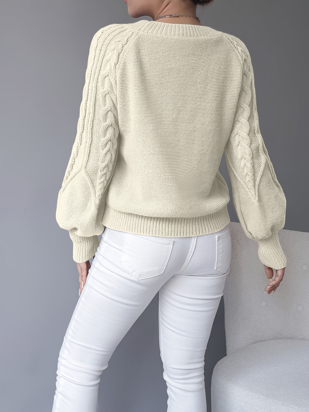 Women's Cable-Knit Sweater with Lantern Sleeves