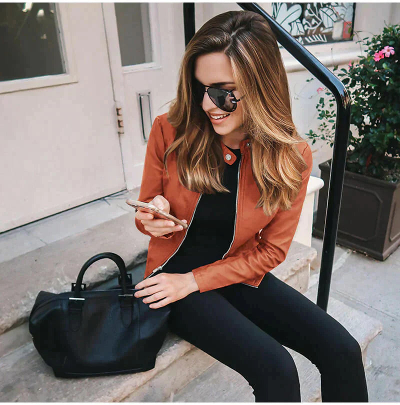 Women's Leather Biker Jacket with Zipper Closure