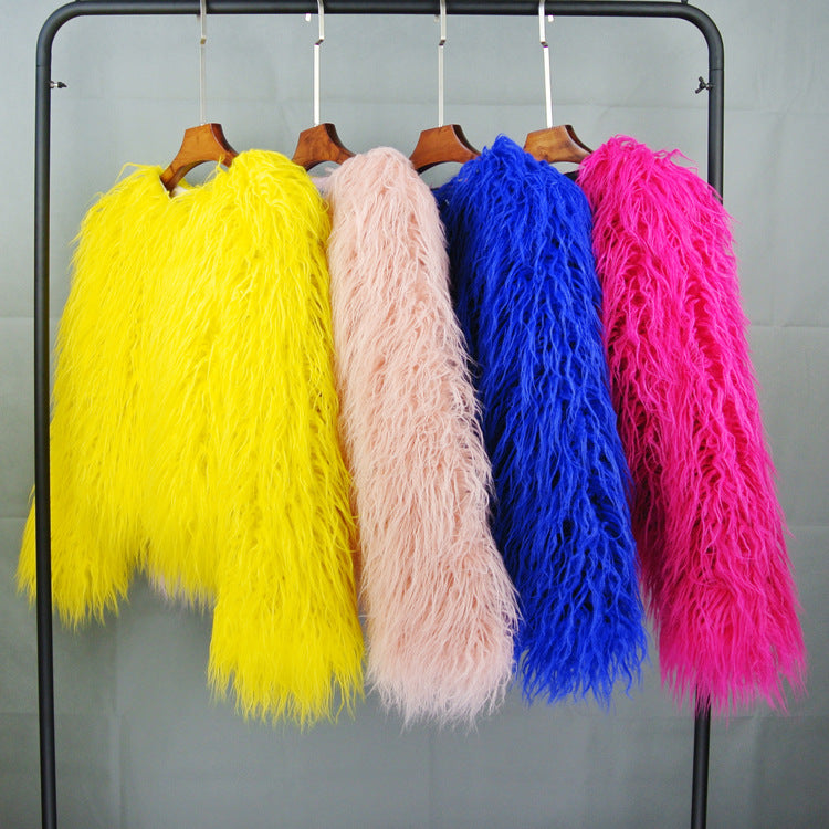 Women's Shaggy Faux Fur Jacket Round Neck Long Sleeve