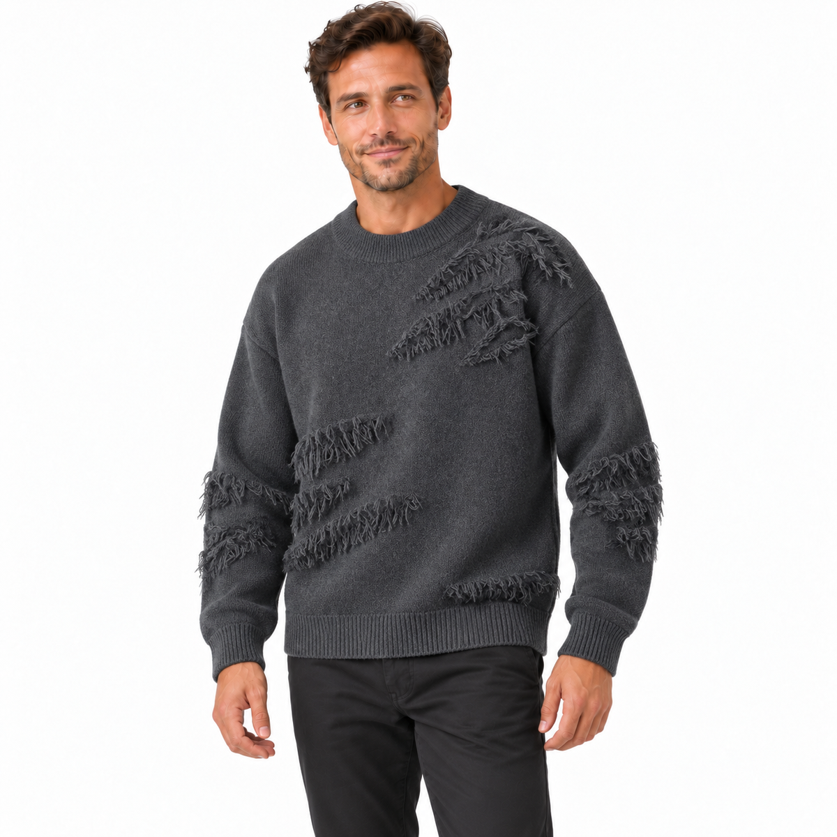 Women's Distressed Crew Neck Sweater, Long Sleeves, Ribbed Trim