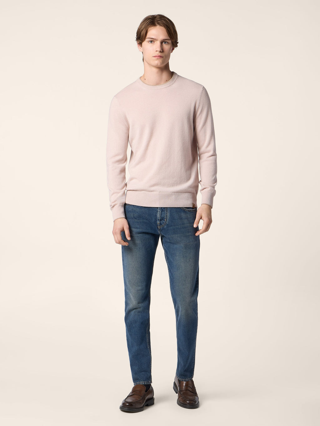Men's Pink Crew Neck Sweater, Long Sleeves, Ribbed Trims