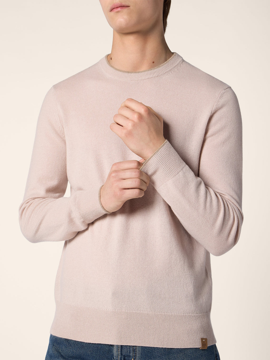 Men's Pink Crew Neck Sweater, Long Sleeves, Ribbed Trims