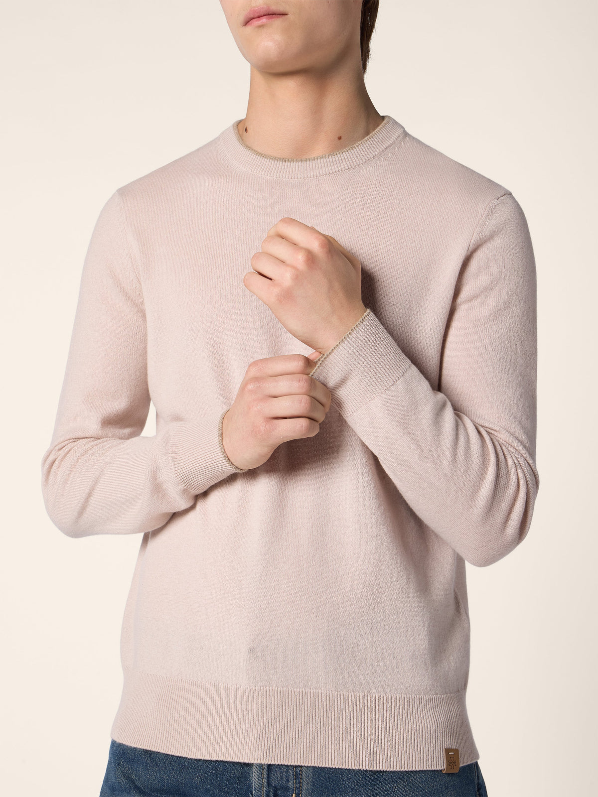 Men's Pink Crew Neck Sweater, Long Sleeves, Ribbed Trims