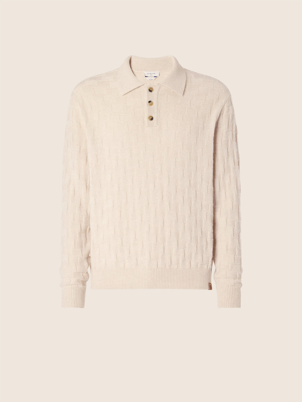 Men's Beige Textured Polo Sweater, Long Sleeves, Button Placket