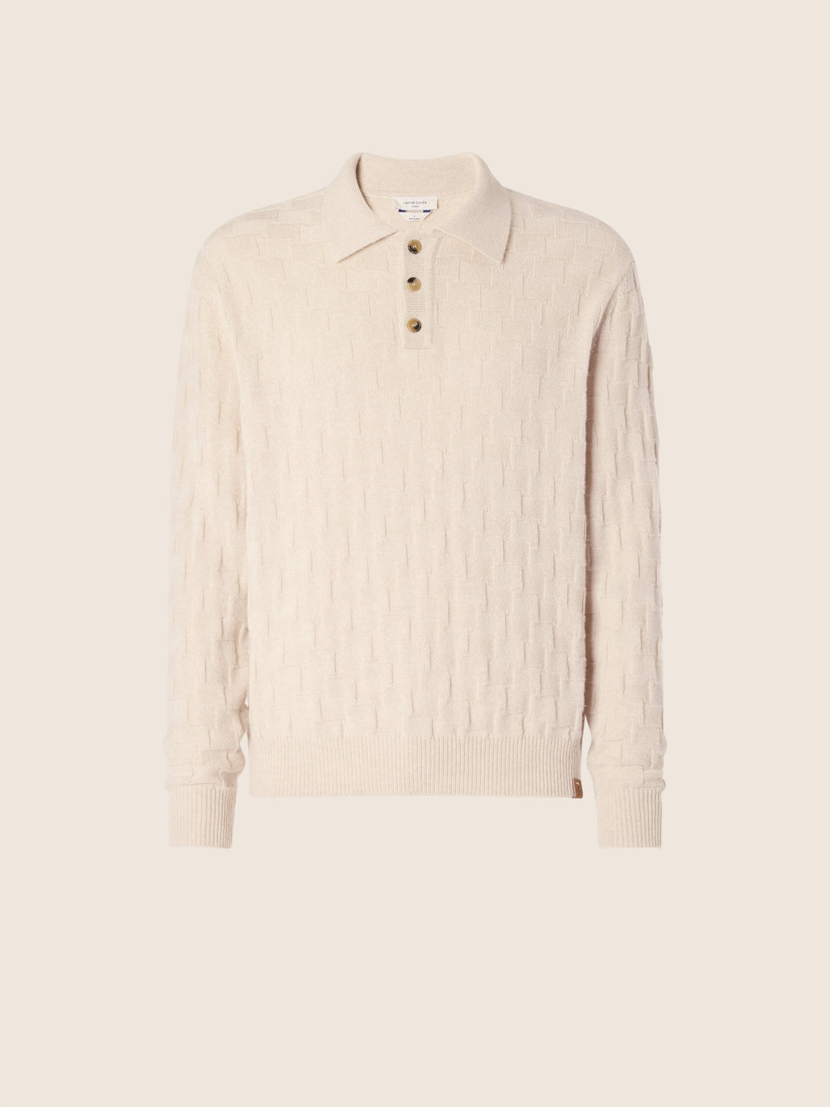 Men's Beige Textured Polo Sweater, Long Sleeves, Button Placket