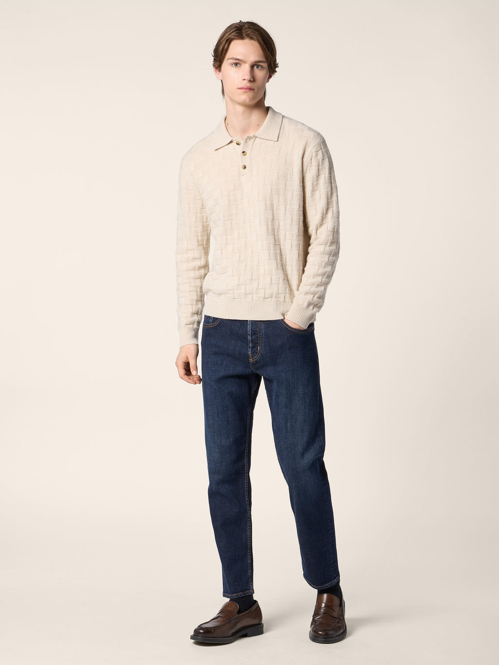 Men's Beige Textured Polo Sweater, Long Sleeves, Button Placket