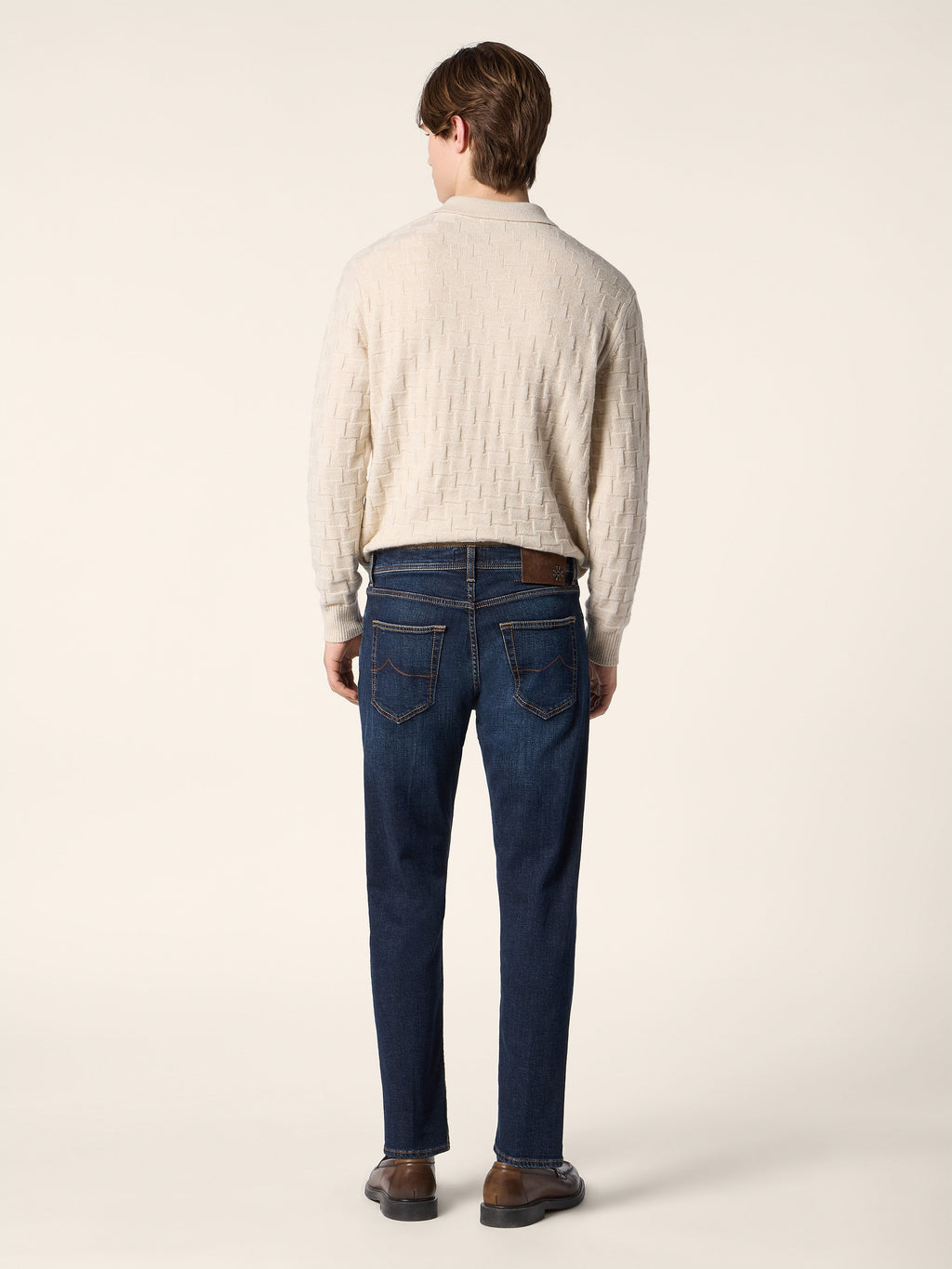 Men's Beige Textured Polo Sweater, Long Sleeves, Button Placket