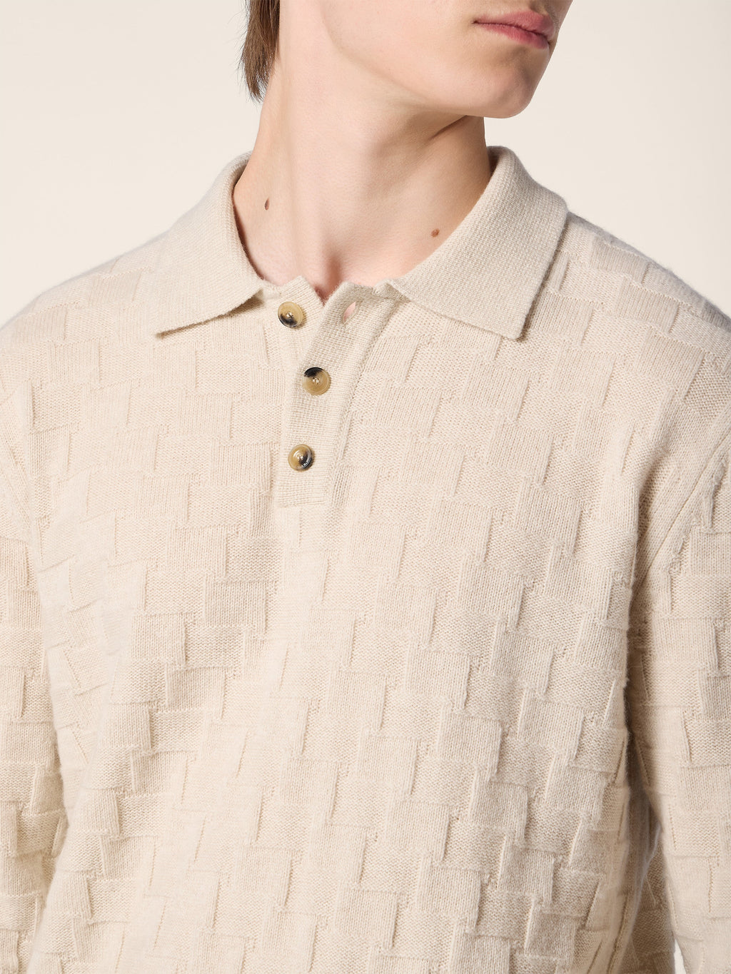Men's Beige Textured Polo Sweater, Long Sleeves, Button Placket