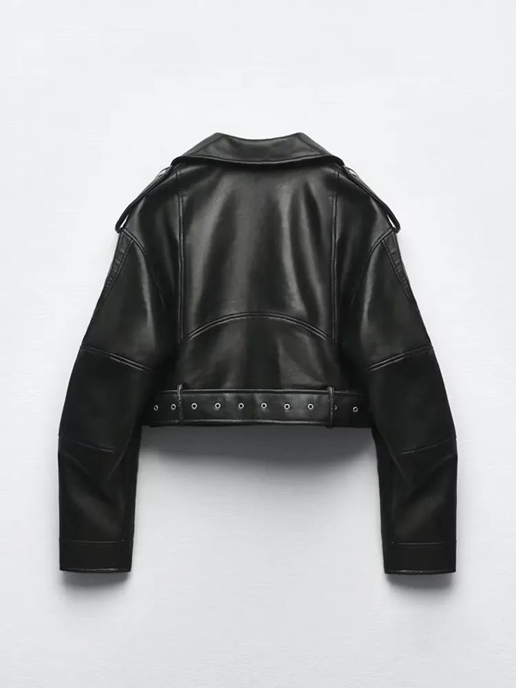 Women's Cropped Biker Jacket with Notch Collar and Belt