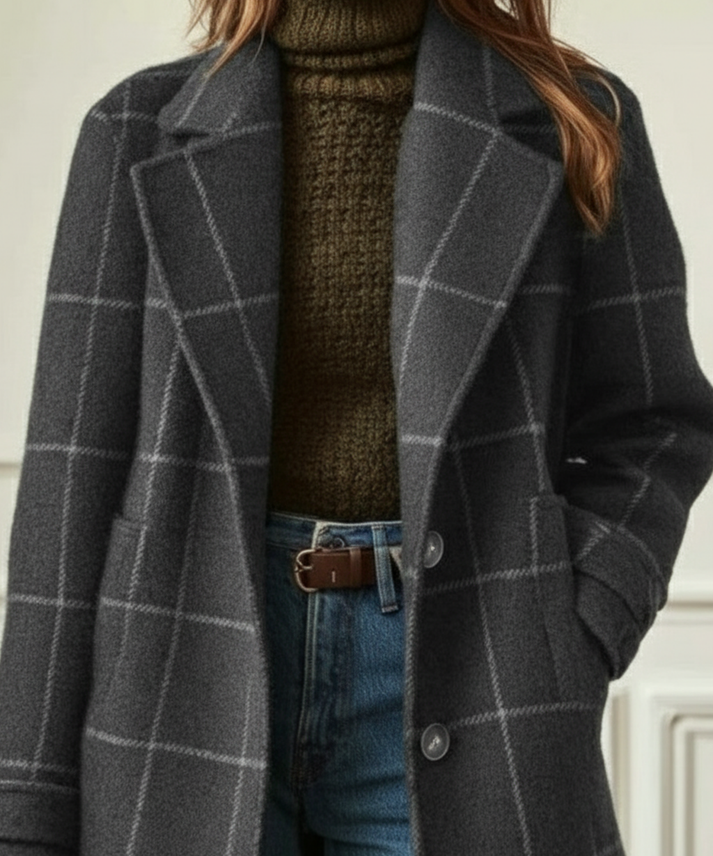 Jennifer | Women's Wool-Blend Tweed Check Coat with Lapel Collar