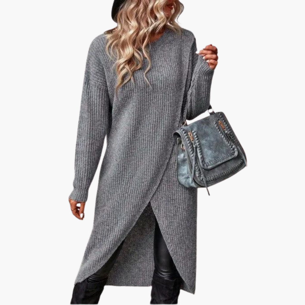 Women’s Sweater Dress with Long Sleeves and Asymmetrical Hem