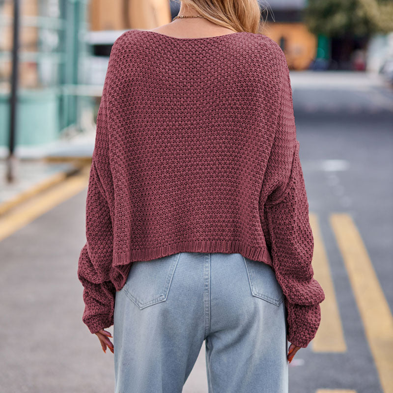 Women's Cropped Cable Knit Sweater with Drop Shoulder