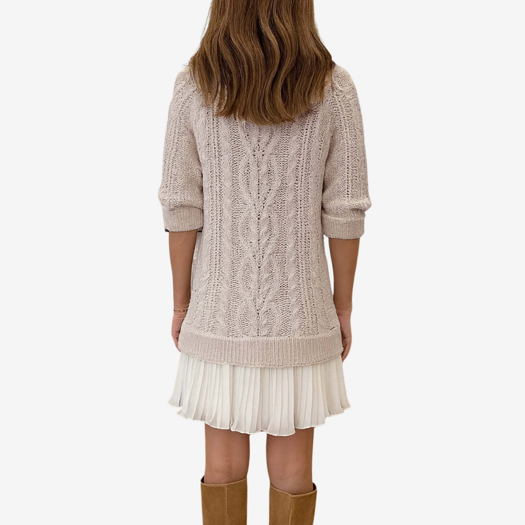 Women's Cable Knit Sweater Dress with Pleated Hem