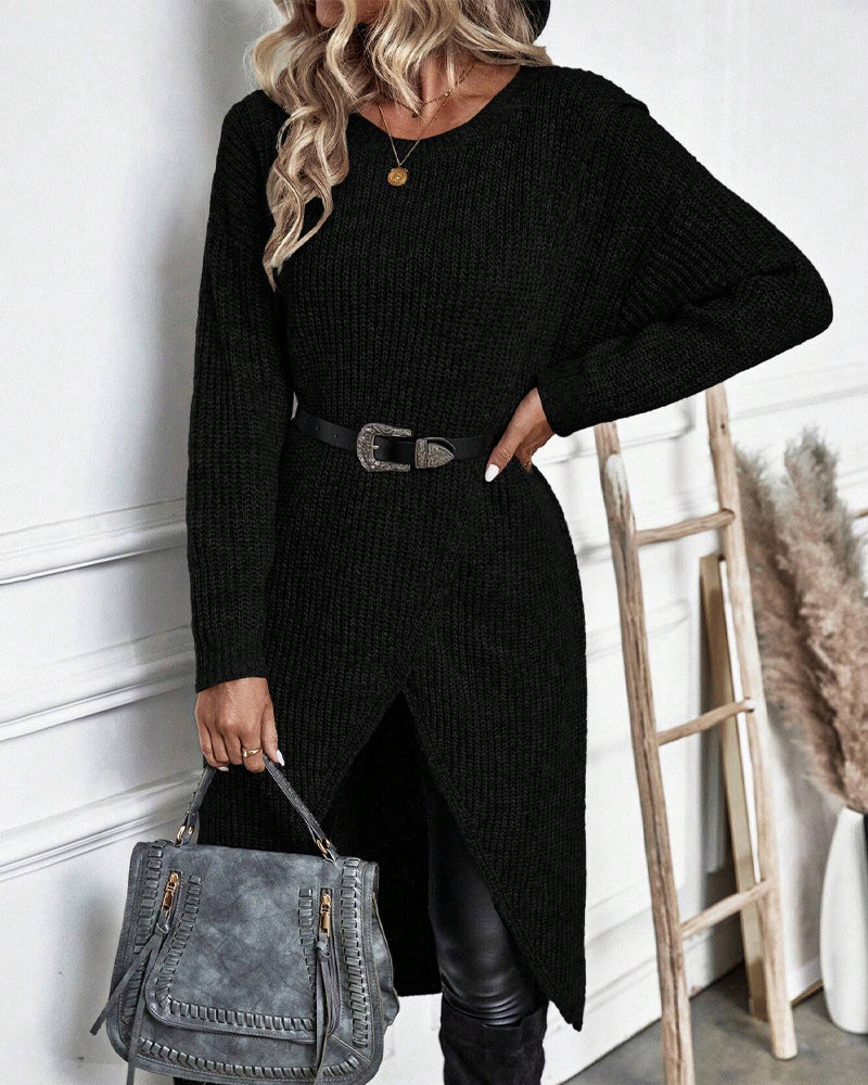 Women's Ribbed Sweater Dress Long Sleeve Knee-Length