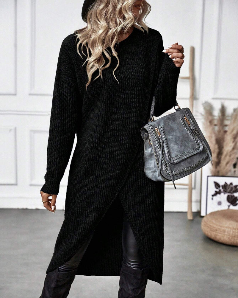 Women's Ribbed Sweater Dress Long Sleeve Knee-Length