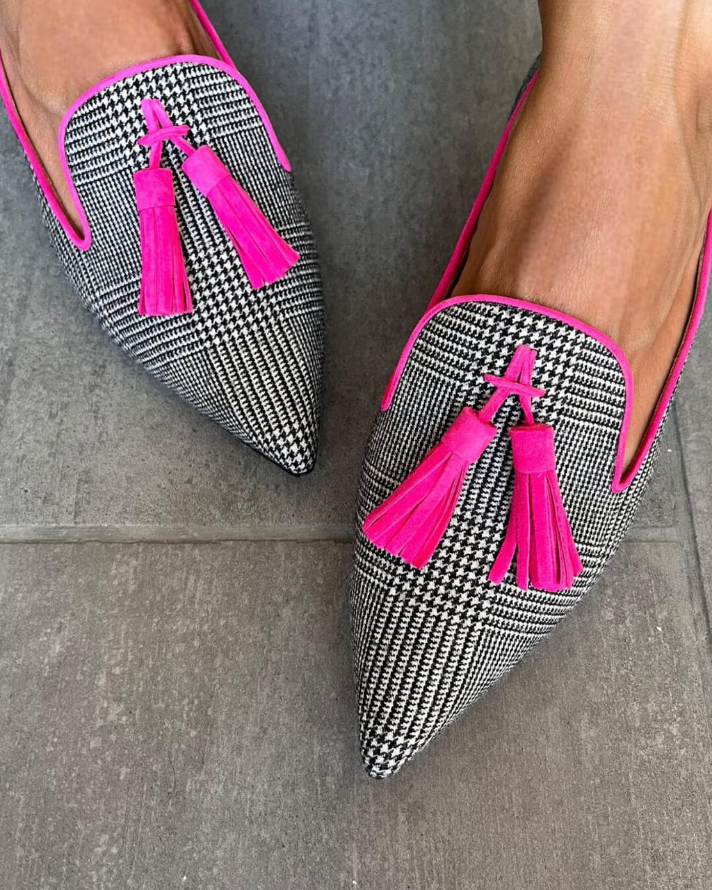 Women's Pointed Loafers with Tassel Detail and Check Pattern