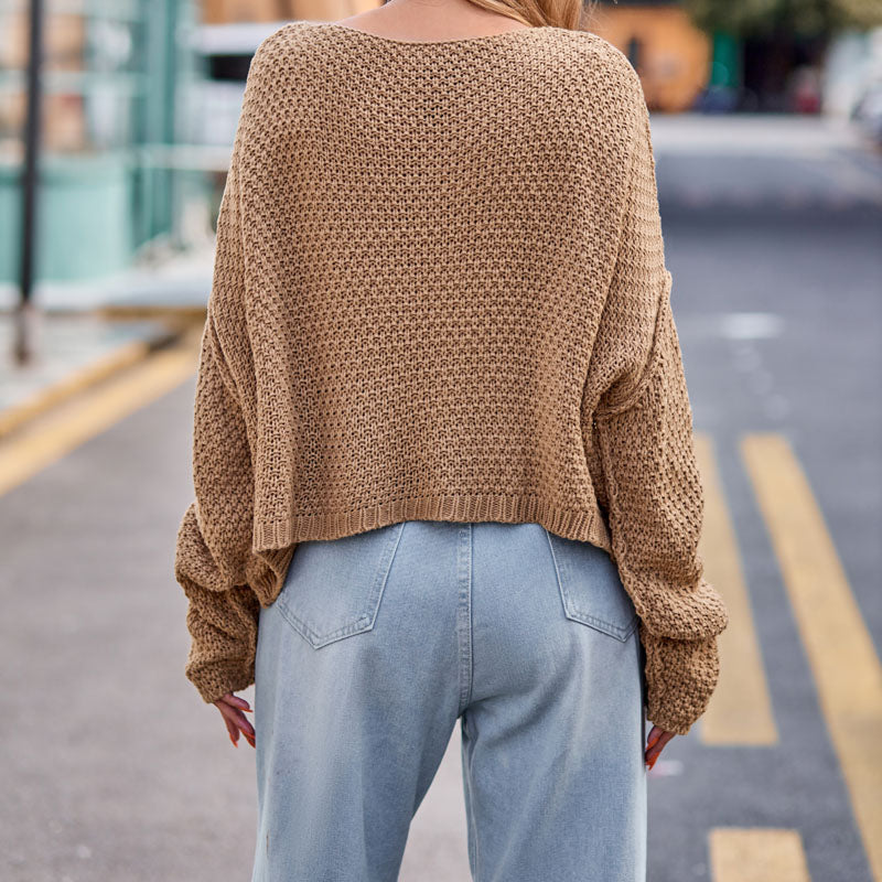 Women's Cropped Cable Knit Sweater with Drop Shoulder