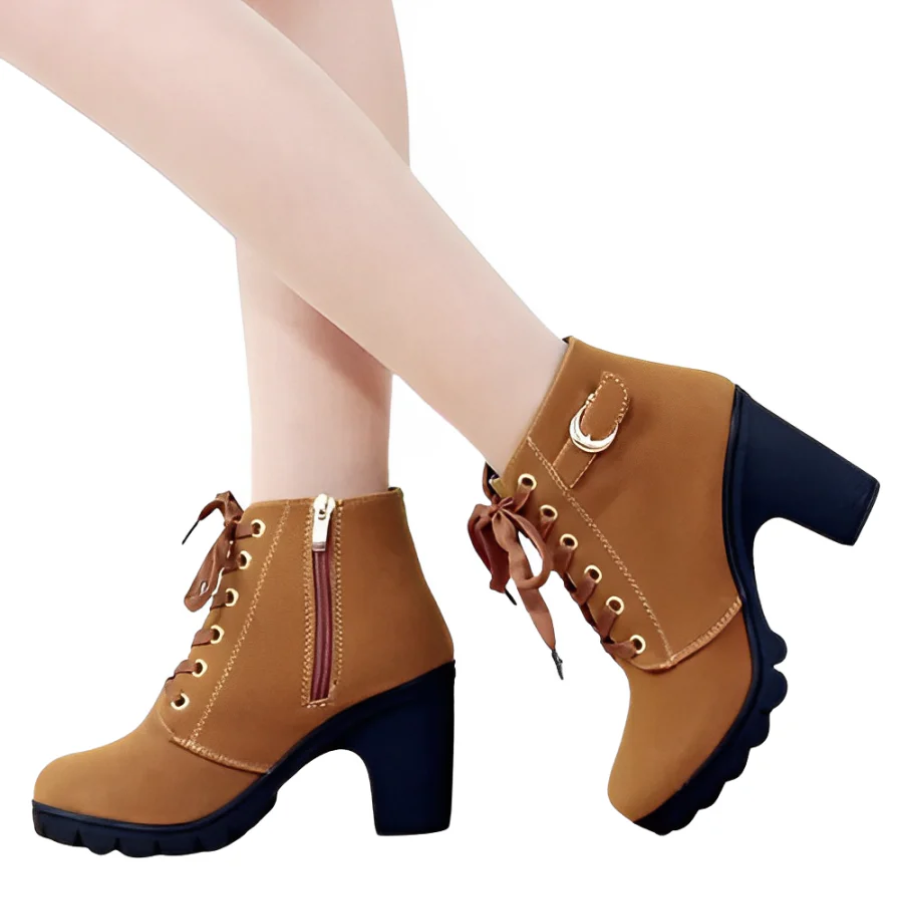 Women's Lace-Up Ankle Boots with Block Heel and Platform Sole