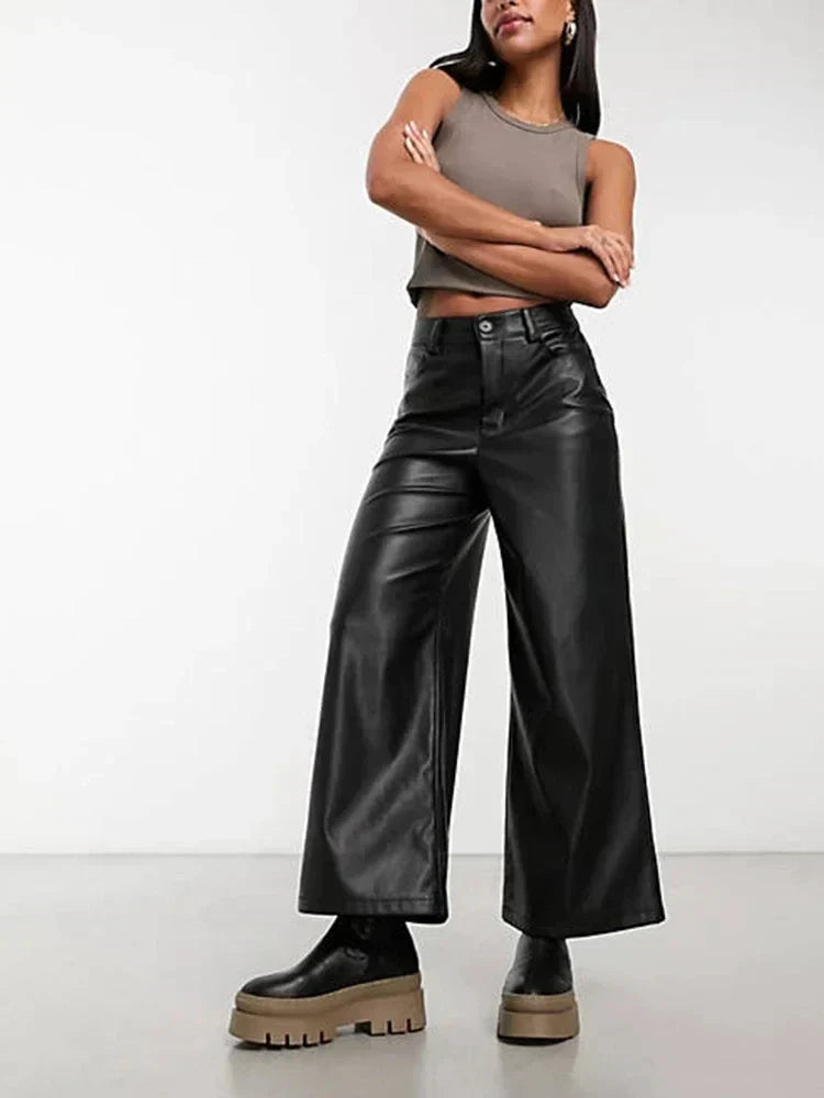 Women's High-Waisted Wide-Leg Faux Leather Pants