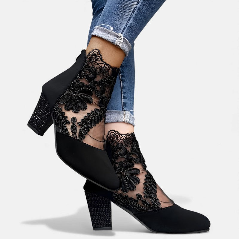 Women's Lace Overlay Ankle Boots with Block Heel