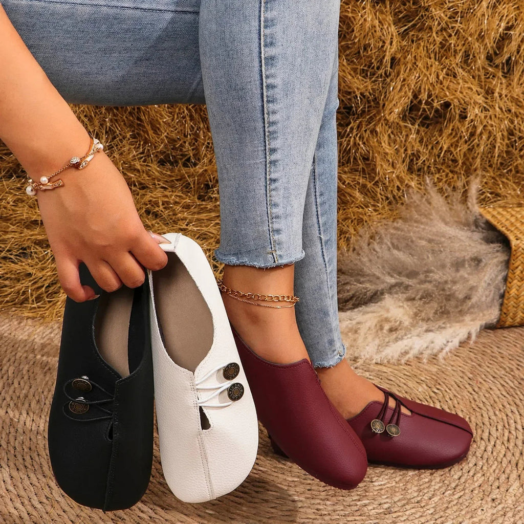 Women's Round-Toe Slip-On Loafers with Button Detail