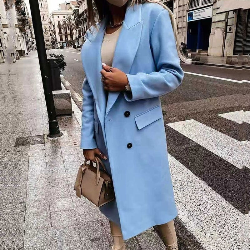 Women's Double-Breasted Long Coat with Notch Lapel